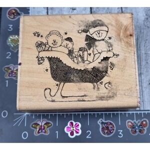 Dots Sleigh Bears Teddy Christmas Q104 1989 Rubber Stamp Wood #S85